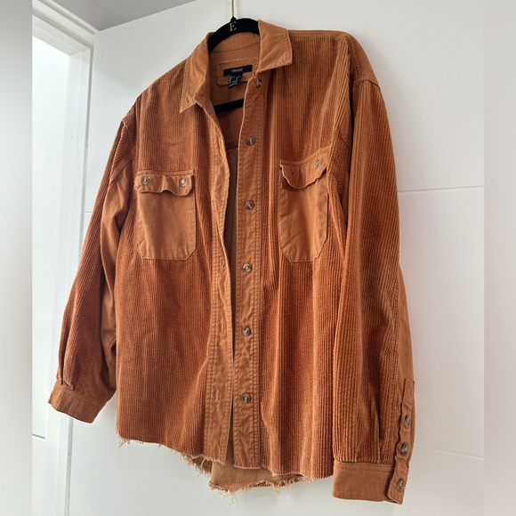 Forever 21 Cozy Rust Burnt Orange Corduroy Button-Up Shacket w/ Frayed Hem S - Picture 10 of 13